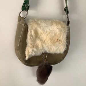 Vintage Leather & Rabbit Fur Camping Foraging Shoulder Bag Purse